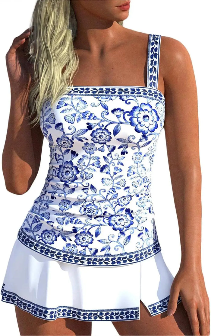 LORNEA women's floral print tummy control tankini with ruched two-piece swimsuit and swimdress skirt, stylish and supportive swimwear.