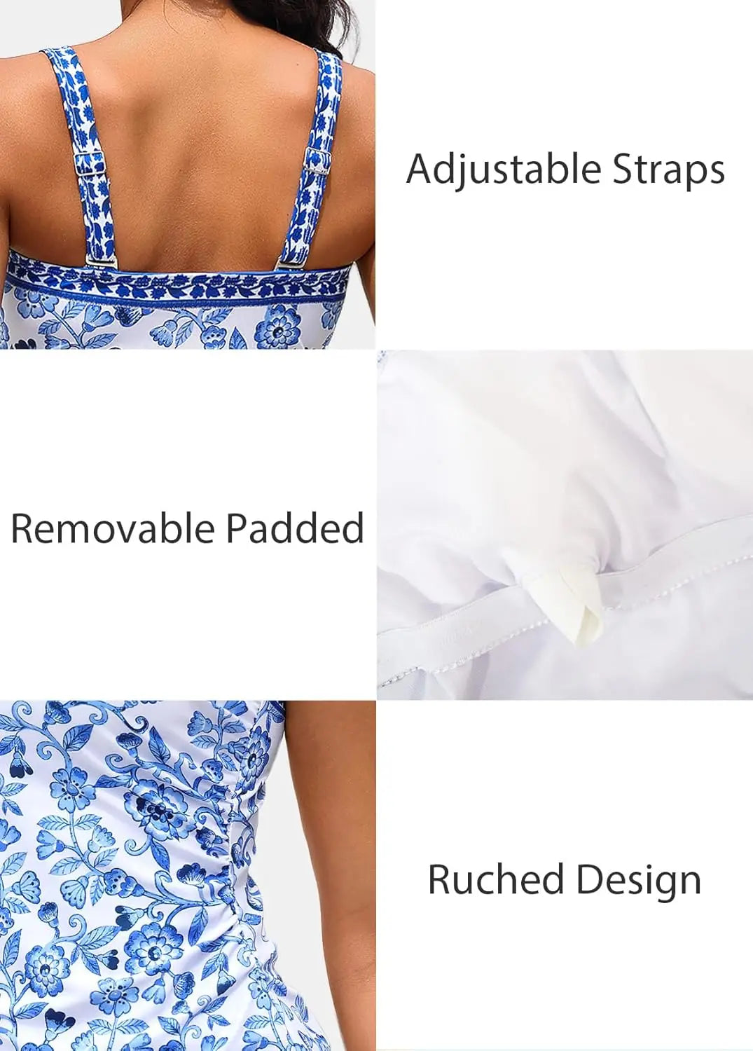 LORNEA Rosewe women's tummy control tankini bathing suit with floral print, ruched two-piece swimdress and skirt, perfect for swimming.