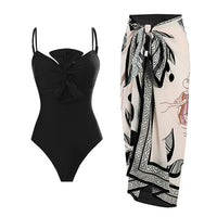 LORNEA women's summer two-piece bathing suit with twist bowknot spaghetti straps, printed chiffon wrap skirt, tied waist design.