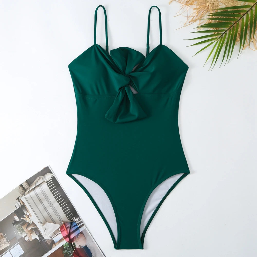 LORNEA summer women twist bowknot spaghetti strap one-piece swimsuit with tied waist print chiffon wrap skirt, stylish two-piece swimwear