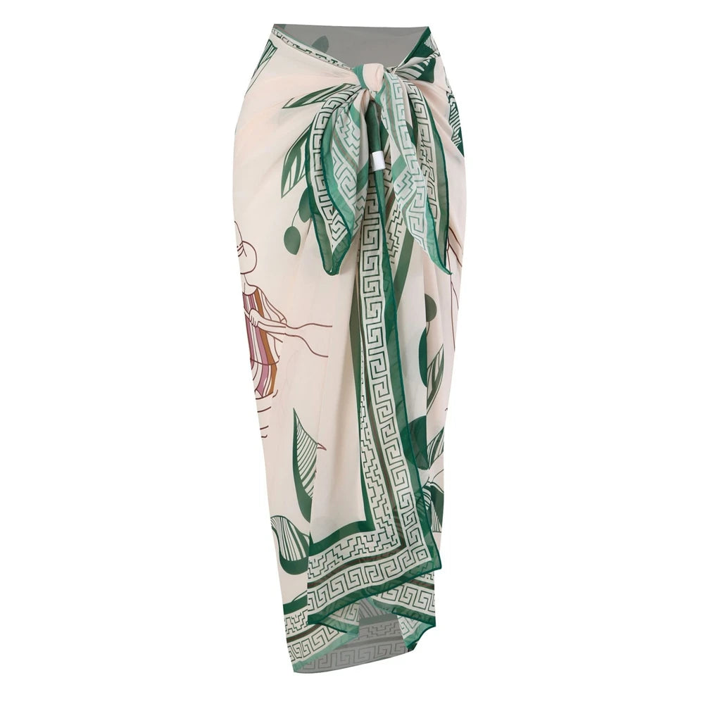 LORNEA women's summer two-piece swimsuit with twist bowknot spaghetti straps and tied waist chiffon wrap skirt, floral print.
