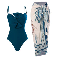 LORNEA women's summer two-piece swimsuit with twist bowknot spaghetti straps, tied waist print chiffon wrap skirt, stylish swimwear set