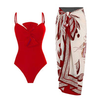 LORNEA summer women’s twist bowknot spaghetti strap one-piece swimsuit with tied waist print chiffon wrap skirt and two-piece bathing suit
