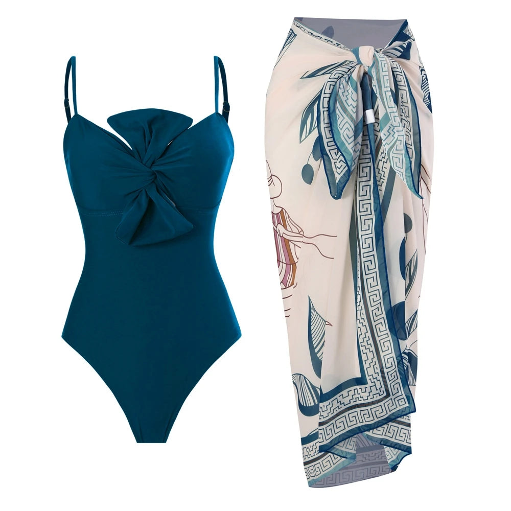 LORNEA summer women's twist bowknot spaghetti strap one-piece swimsuit with tied waist print chiffon wrap skirt, two-piece bathing suit