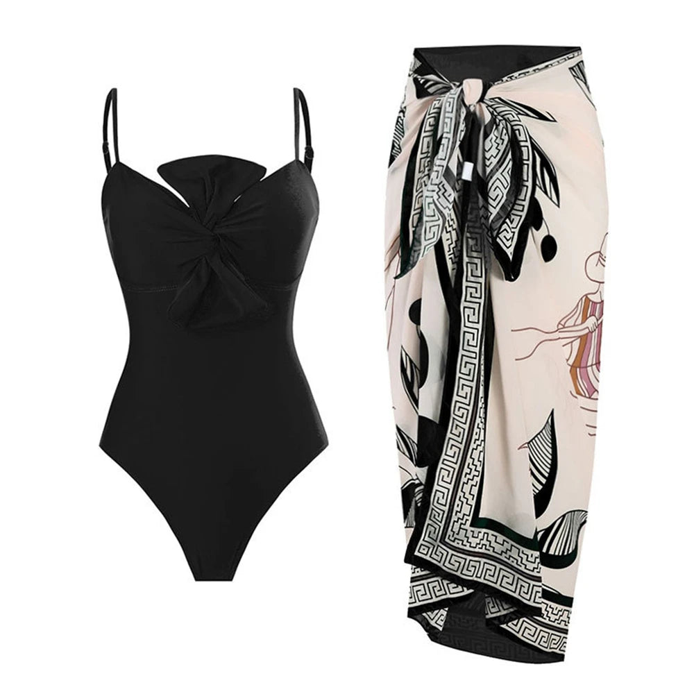 LORNEA women's summer two-piece swimsuit with spaghetti straps, twist bowknot design, and matching chiffon wrap skirt.