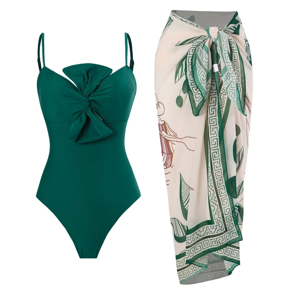 LORNEA women's summer two-piece swimsuit with twist bowknot, spaghetti straps, tied waist, and printed chiffon wrap skirt.