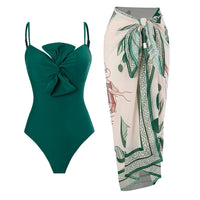 LORNEA summer women’s two-piece swimsuit with twist bowknot spaghetti straps and tied waist chiffon wrap skirt, floral print.