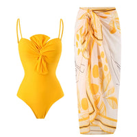 LORNEA summer women twist bowknot spaghetti strap one-piece swimsuit with tied waist print chiffon wrap skirt, two-piece bathing suit.