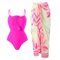 LORNEA women's summer swimsuit with twist bowknot spaghetti straps and tied waist chiffon wrap skirt, vibrant print.