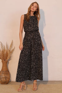 LORNEA Ink Spot sleeveless bubble jumpsuit with fitted waist and relaxed fit, featuring a bold ink spot pattern.