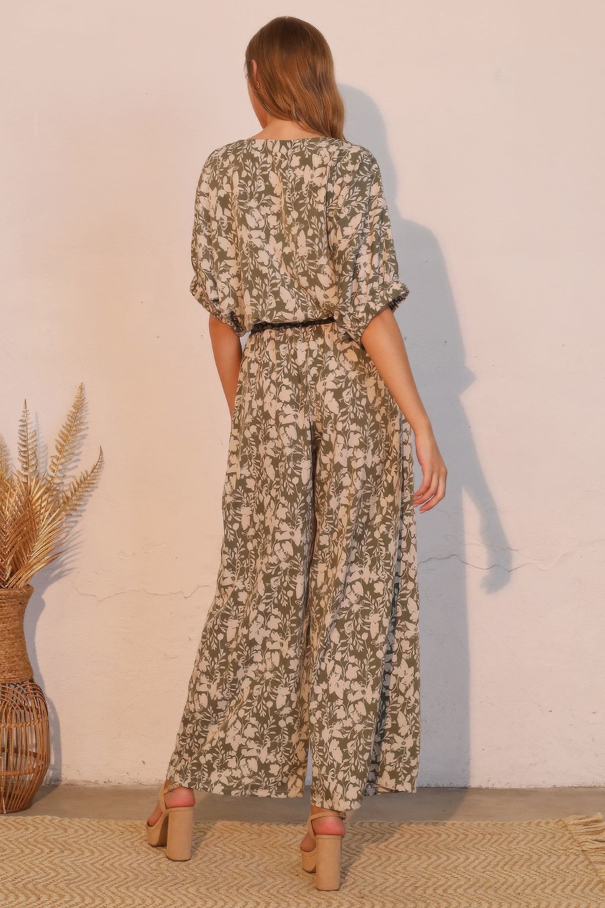 LORNEA Olive Vine Pocket Pants in lightweight fabric with side pockets and a relaxed fit, front view.