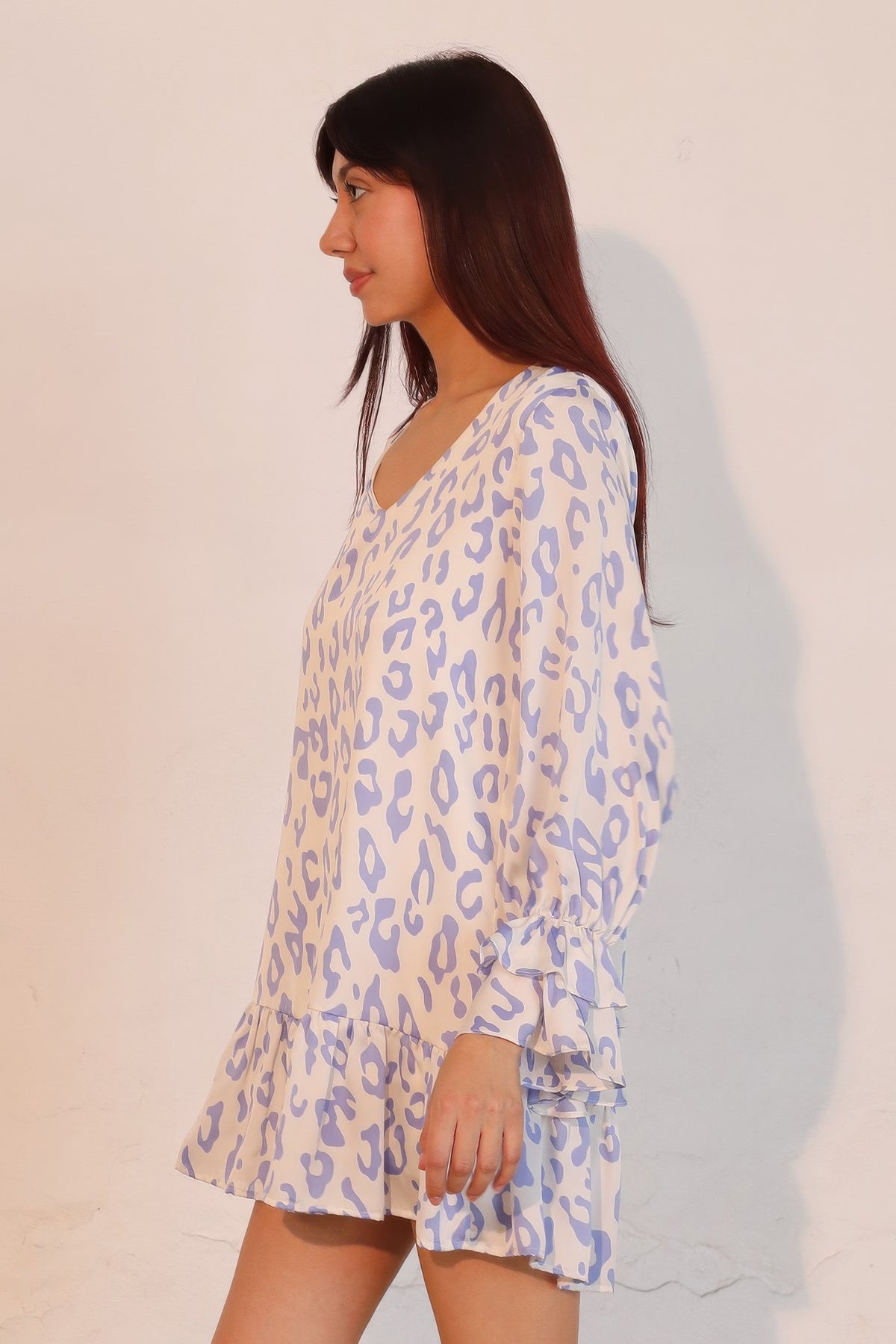 LORNEA leopard dress with ruffle cuffs, featuring a simple, stylish design and lightweight fabric for a chic, casual look.