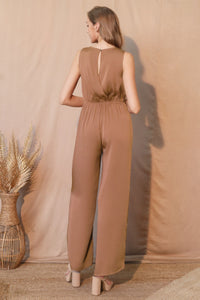 LORNEA washed poly silk twist front jumpsuit with sleeveless design and wide-leg pants, stylish and comfortable for casual wear.