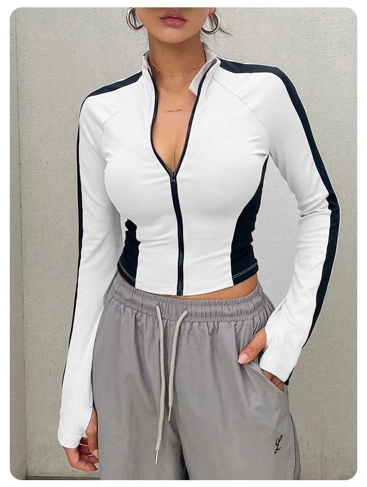 LORNEA women's outdoor yoga and running jacket with stand-up collar, long sleeves, slim fit, quick-dry fabric, zipper front.