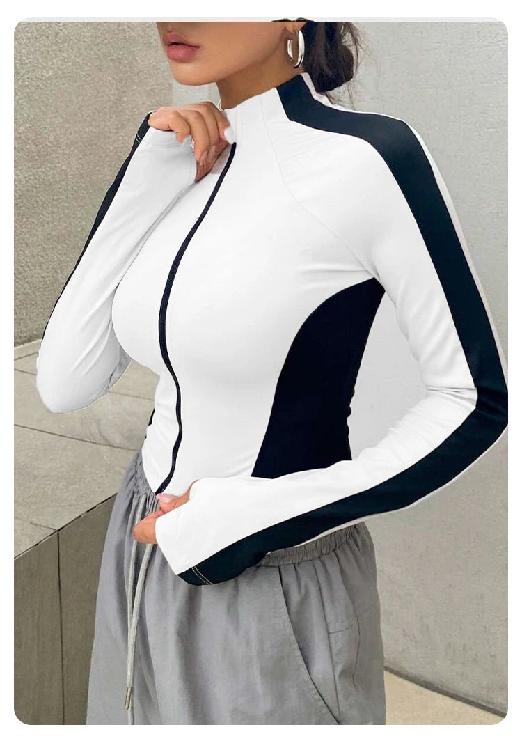LORNEA women's outdoor yoga jacket with stand-up collar, long sleeves, zipper, slim fit, quick-dry fabric for running and fitness.