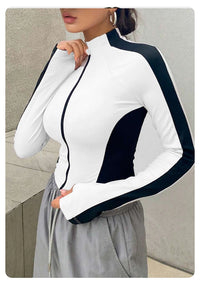 LORNEA women's outdoor yoga jacket with stand-up collar, long sleeves, zipper, slim fit, quick-dry fabric for running and fitness.