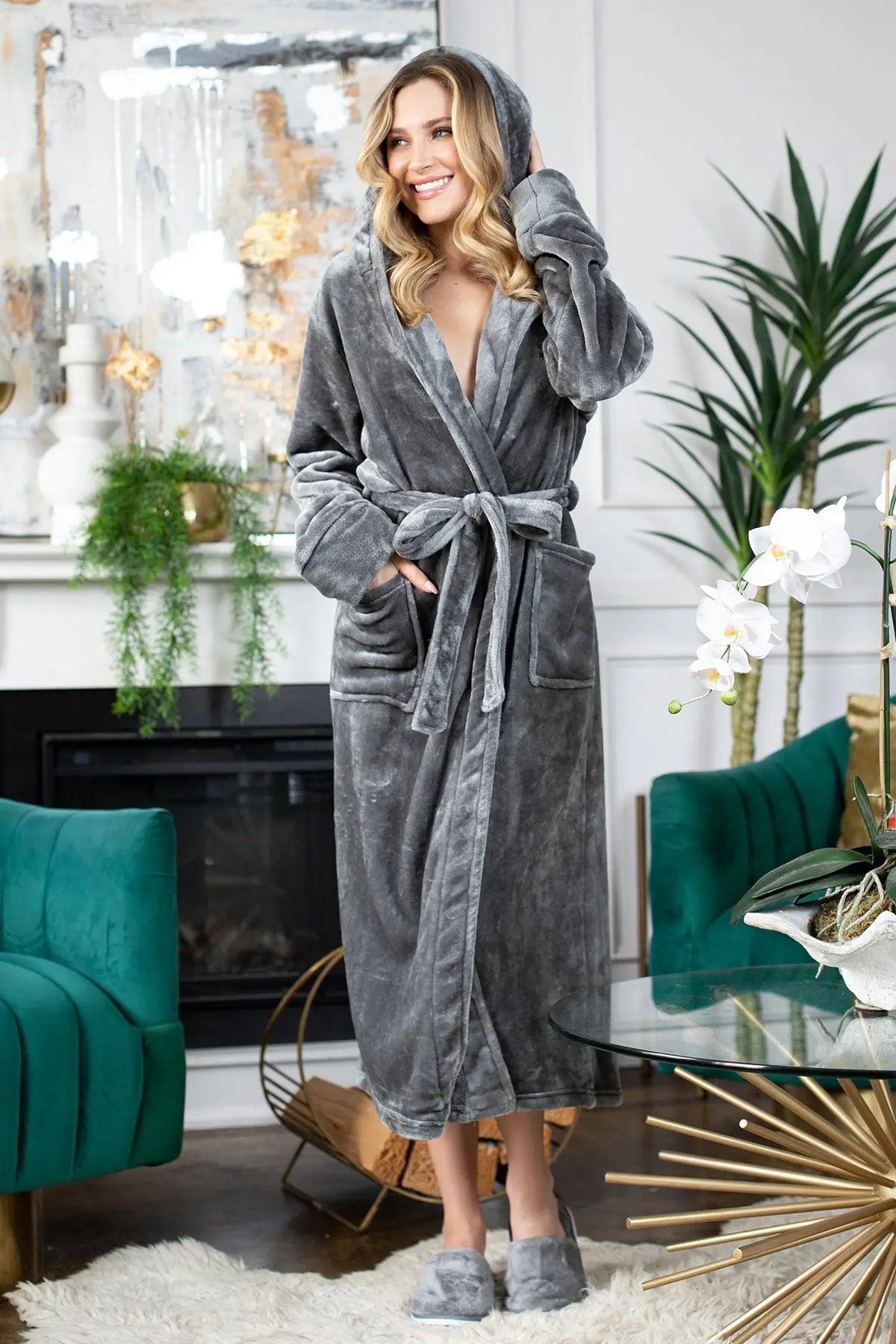 Women’s plush hooded robe by Lotus Linen in grey, featuring soft fabric and a cozy hood for spa-like comfort at home.