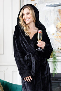 Women’s plush hooded robe by Lotus Linen, soft grey spa-style robe with a cozy hood for home comfort and relaxation.