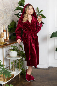 Women’s plush hooded robe by Lotus Linen, grey, cozy and soft, perfect for spa-like comfort at home.