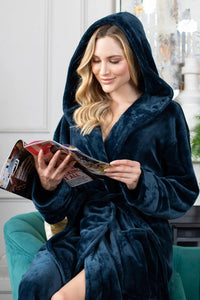Women’s plush grey hooded robe from Lotus Linen, cozy spa-style robe with soft fabric and hood for comfortable home wear.
