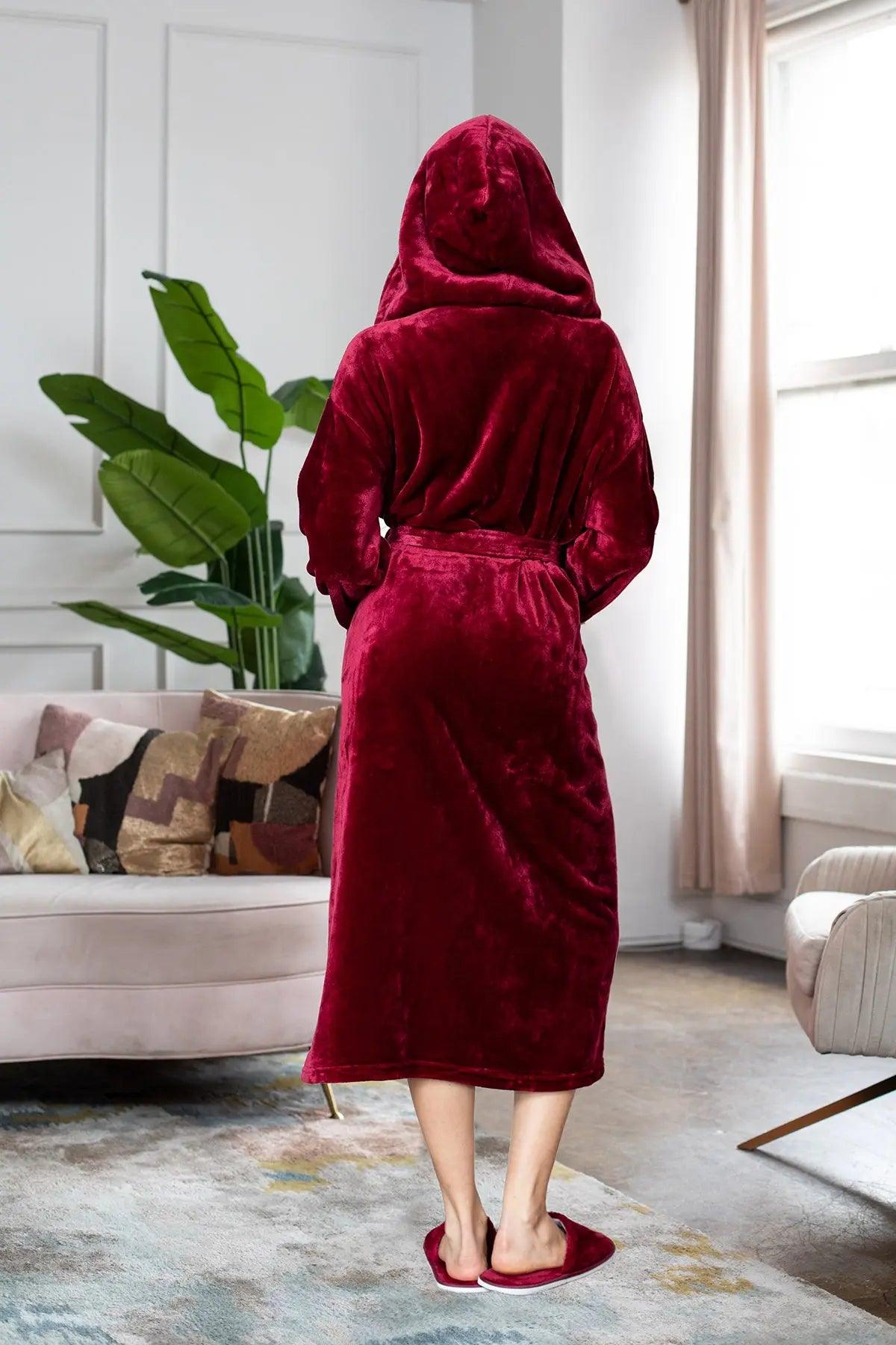 Women’s plush hooded robe by Lotus Linen in grey, featuring a cozy, spa-inspired design perfect for relaxing at home.