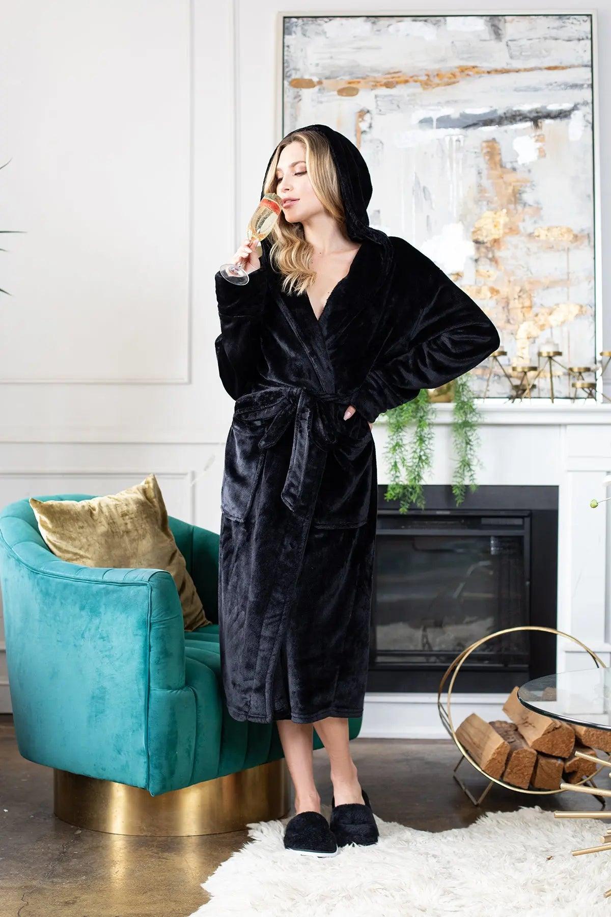 Women’s plush hooded robe by Lotus Linen in grey, featuring soft, cozy fabric perfect for spa-like comfort at home.