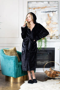 Women’s plush hooded robe by Lotus Linen in grey, featuring soft, cozy fabric perfect for spa-like comfort at home.