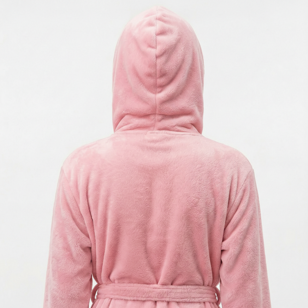 Women’s plush hooded robe by Lotus Linen, soft grey spa-style robe with cozy hood perfect for relaxing at home.