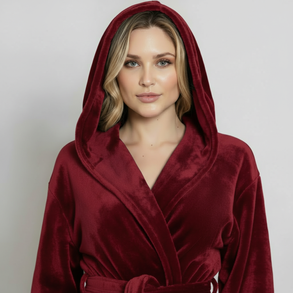 Women’s plush hooded robe by Lotus Linen featuring soft grey fabric and cozy, spa-worthy comfort for relaxing at home.