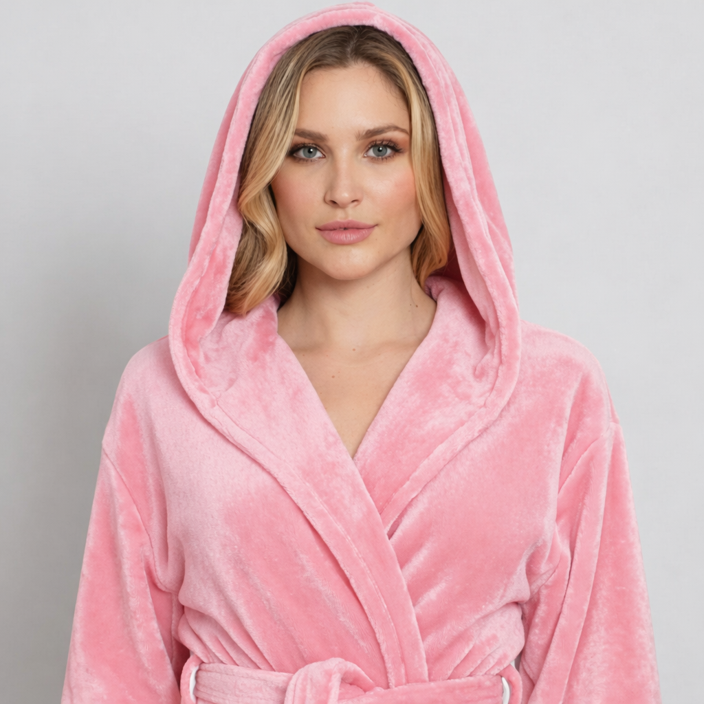 Women’s plush grey hooded robe by Lotus Linen, cozy spa-worthy comfort, soft fleece material, front pockets, perfect for relaxing at home.