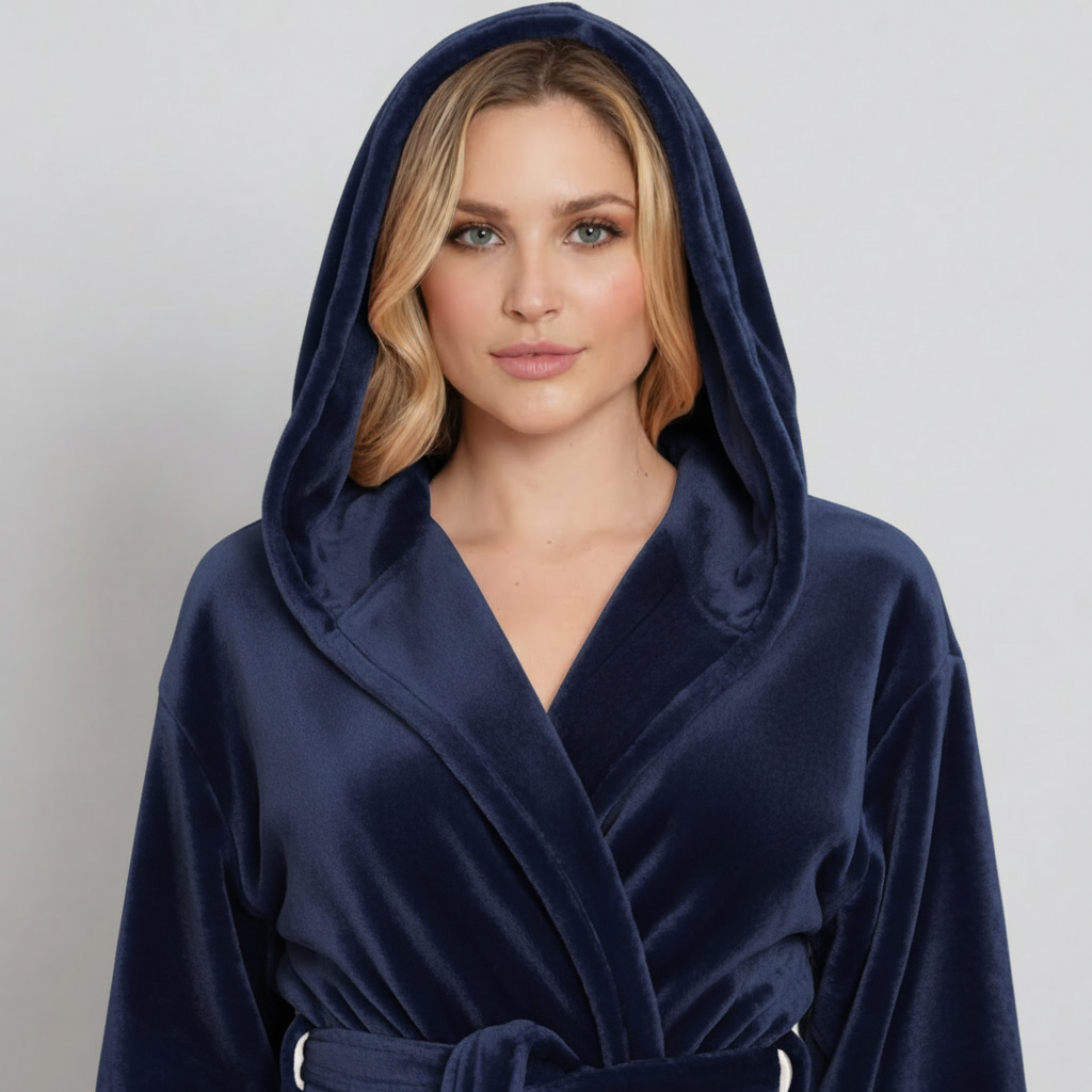 Women’s plush grey hooded robe by Lotus Linen, cozy and spa-worthy for comfortable at-home wear, featuring soft fabric and a hood.