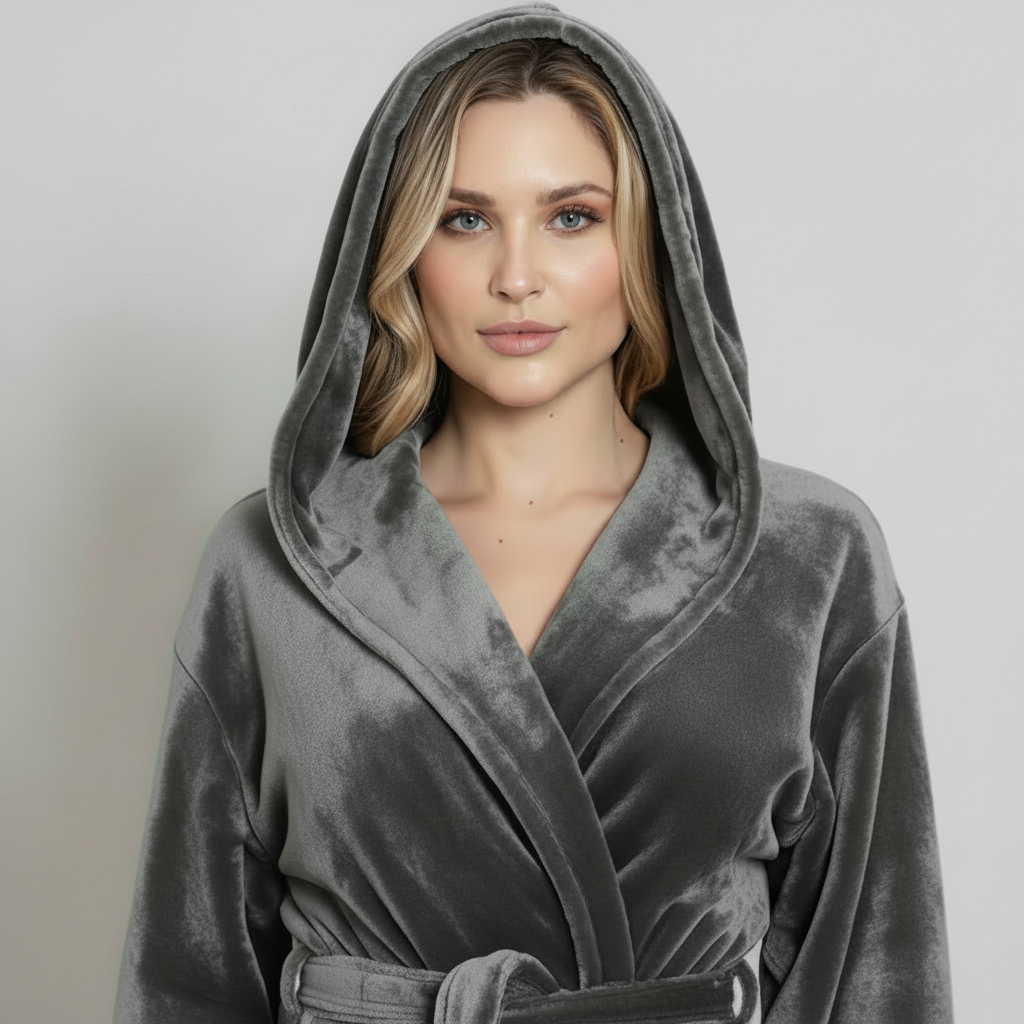 Women’s plush hooded robe by Lotus Linen in grey, cozy and spa-worthy for home relaxation.