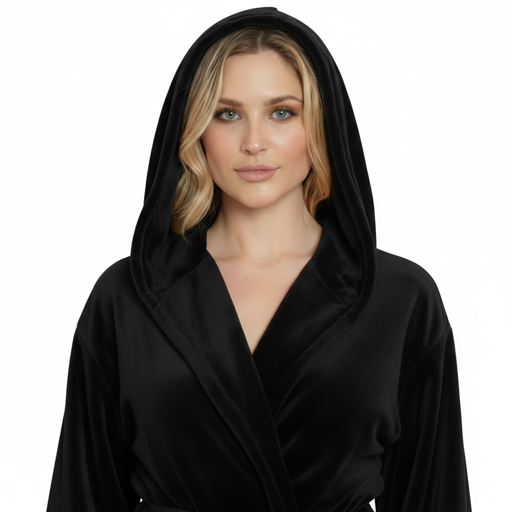 Gray women's plush hooded robe by Lotus Linen, soft and cozy for spa-like comfort at home.