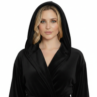 Gray women's plush hooded robe by Lotus Linen, soft and cozy for spa-like comfort at home.