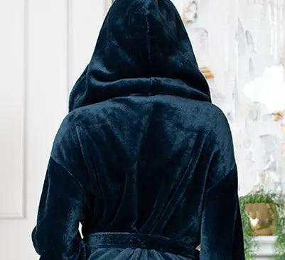 Women’s plush hooded robe by Lotus Linen in grey, featuring a cozy, spa-worthy design with a hood and soft fabric for comfortable home wear.