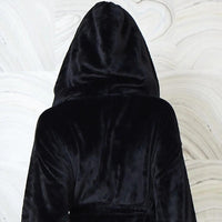 Grey women's plush hooded robe by Lotus Linen, cozy and spa-worthy for relaxing at home.