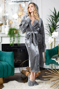 Women’s plush hooded robe by Lotus Linen, soft grey spa-style robe with a cozy hood, perfect for relaxing at home.