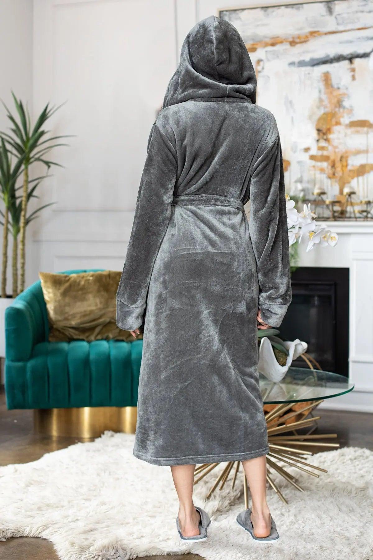 Women’s plush hooded robe by Lotus Linen, soft grey spa-style robe with a cozy hood, perfect for relaxing at home.