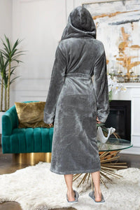 Women’s plush hooded robe by Lotus Linen, soft grey spa-style robe with a cozy hood, perfect for relaxing at home.