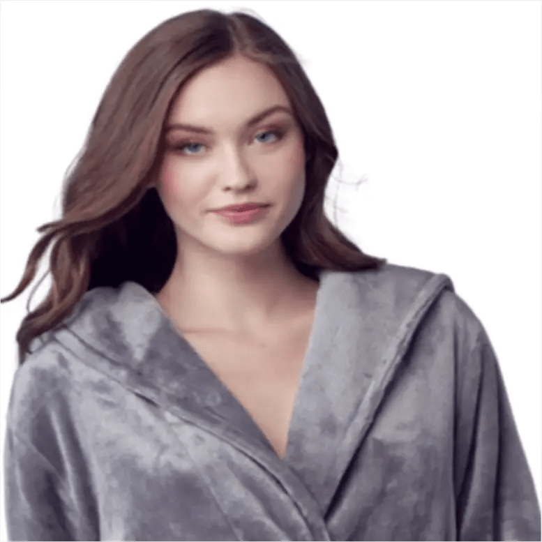 Women’s plush hooded robe by Lotus Linen, soft grey spa-style robe with a cozy hood, perfect for relaxing at home.