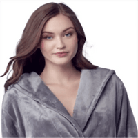 Women’s plush hooded robe by Lotus Linen, soft grey spa-style robe with a cozy hood, perfect for relaxing at home.