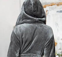 Women’s plush hooded robe by Lotus Linen, soft grey robe with a relaxed fit, perfect for spa-like comfort at home.