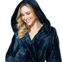 Women’s plush hooded robe by Lotus Linen in grey, featuring soft, cozy fabric perfect for spa-like comfort at home.