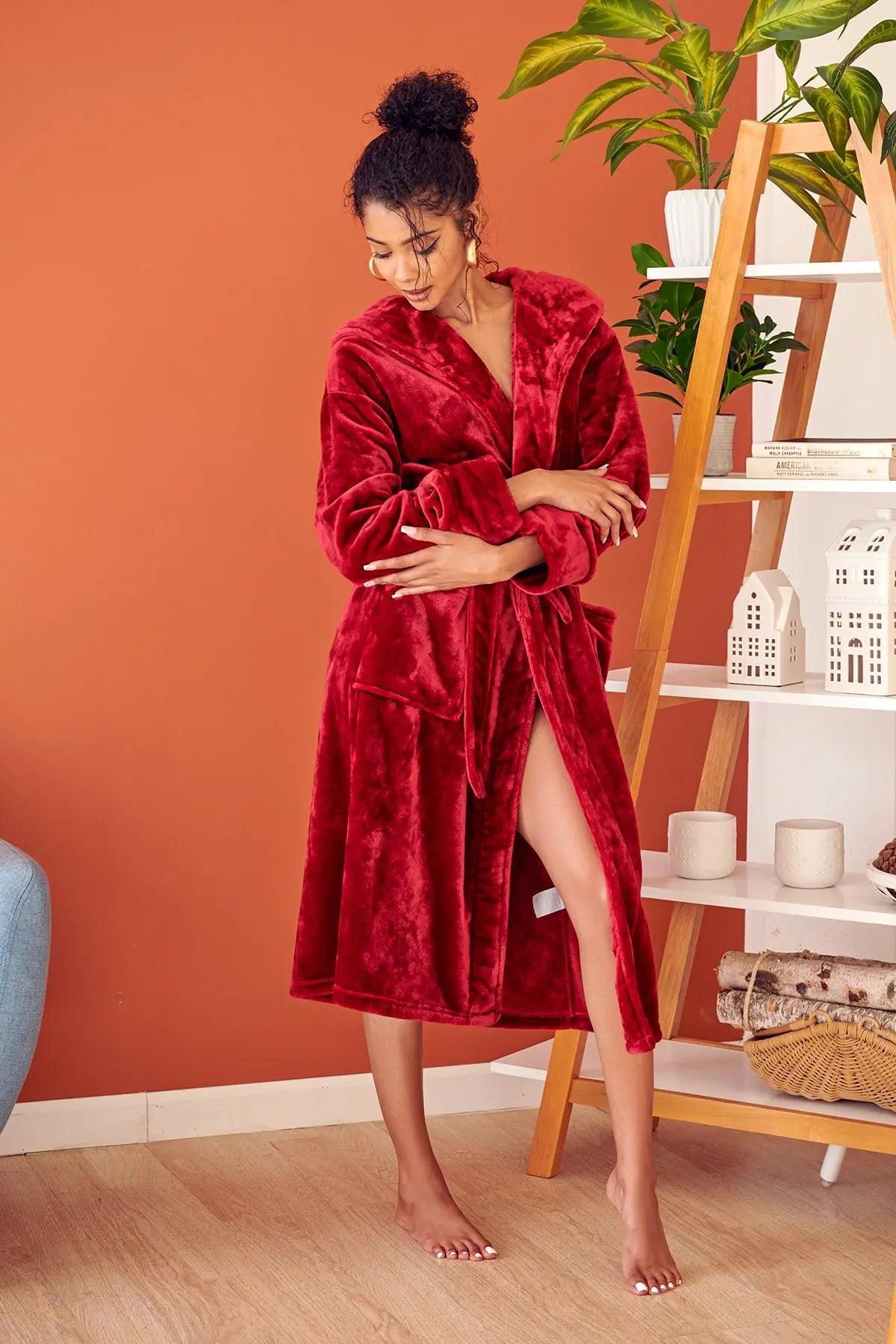 Women’s plush grey hooded robe by Lotus Linen, soft and cozy for spa-worthy comfort at home.