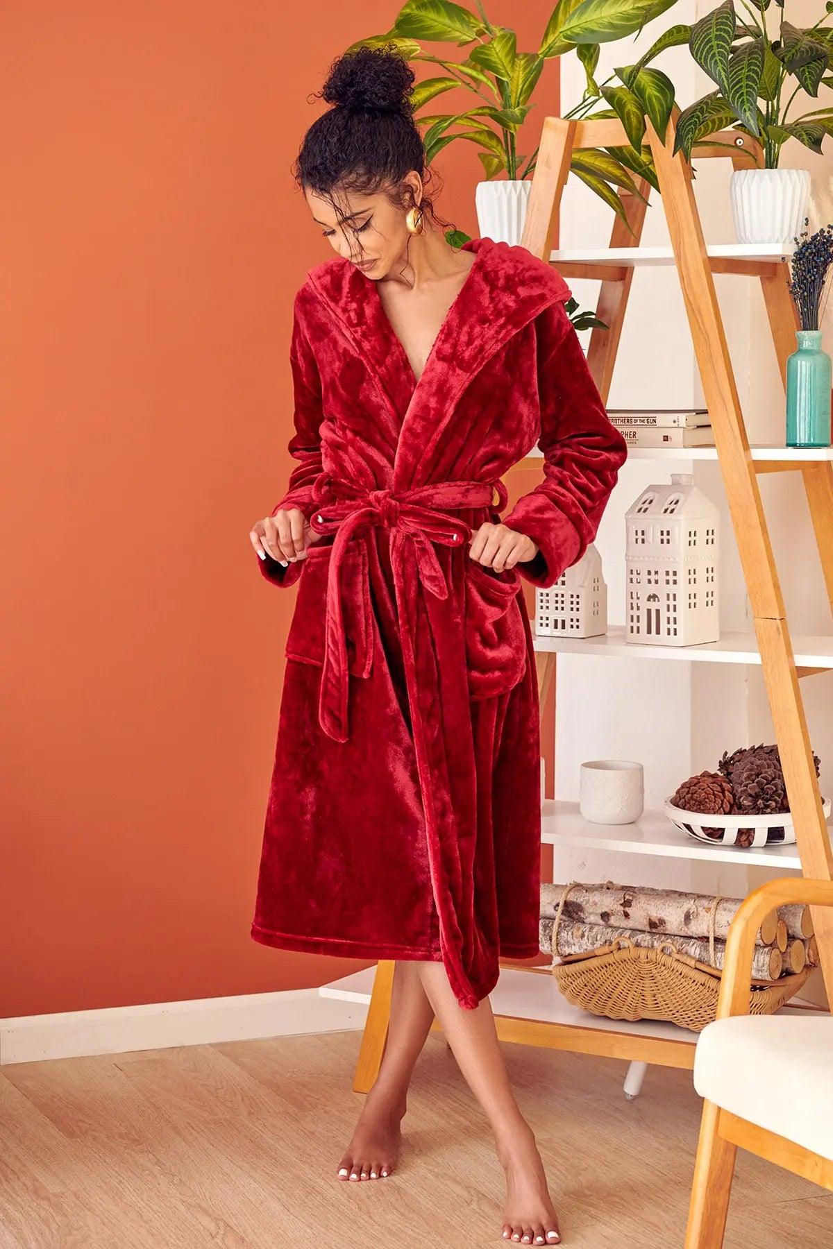 Women’s plush hooded robe by Lotus Linen, soft grey spa-style robe with hood, perfect for cozy at-home comfort.