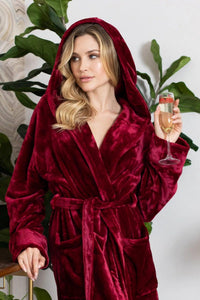 Women’s plush hooded robe by Lotus Linen, grey, soft and cozy, perfect for spa-like comfort at home.