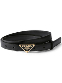 Black Prada women's leather belt with silver buckle, 75 cm length, from Luosophy, featuring sleek design and high-quality craftsmanship.