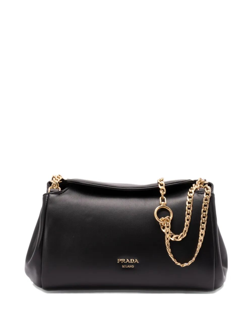 Black Prada Women Tumulte small leather shoulder bag with chain strap, featuring a sleek, compact design and classic style.