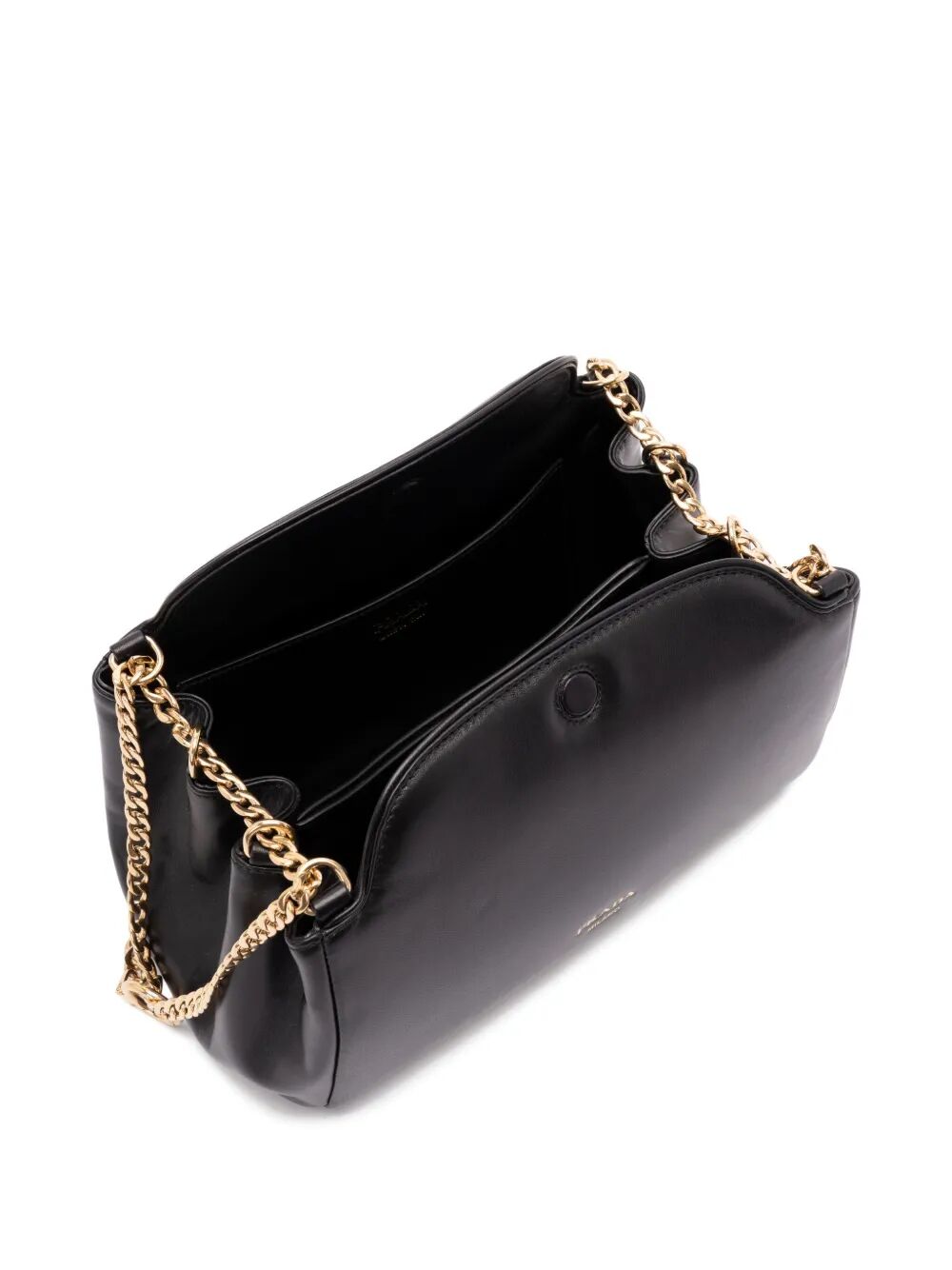 Black Prada Women Tumulte small leather shoulder bag with chain strap, featuring a sleek design and compact size.