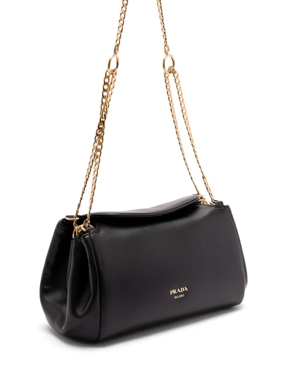 Black Prada Women Tumulte small leather shoulder bag with chain strap, featuring a compact design and sleek style.